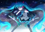  aqua_eyes aqua_hair bad_id bad_pixiv_id detached_sleeves glowing glowing_eyes hatsune_miku headphones headset long_hair meteor necktie night riru skirt solo spring_onion thighhighs twintails very_long_hair vocaloid zettai_ryouiki 