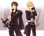  alternate_hairstyle belt blonde_hair blue_eyes brown_hair cloud_strife cosplay costume_switch dissidia_final_fantasy final_fantasy first_ken gloves jacket jewelry male_focus mouth_hold multiple_boys necklace scar shion_(kizuro) shoulder_pads squall_leonhart sword weapon 