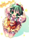  :d \m/ frills from_above goggles goggles_on_head green_eyes green_hair gumi jpeg_artifacts kosuzume open_mouth short_hair sitting skirt smile solo star vocaloid wrist_cuffs 