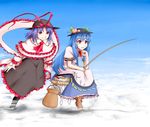  bad_id bad_pixiv_id blue_hair cloud fishing fishing_rod food fruit hat hinanawi_tenshi holding holding_fishing_rod keystone kirisaki_akihito long_hair multiple_girls nagae_iku peach purple_hair red_eyes rock rope shawl shimenawa short_hair touhou 