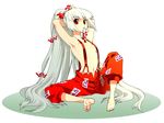  armpits arms_behind_head arms_up barefoot bow feet flat_chest fujiwara_no_mokou hair_bow hair_ribbon long_hair mgk968 mouth_hold naked_suspenders navel pants red_eyes revealing_clothes ribbon silver_hair sitting solo spread_legs suspenders topless touhou very_long_hair 