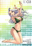  armpits arms_up barefoot bikini blue_eyes breasts character_name character_profile cleavage english fairy_tail feet floating_hair forehead frilled_bikini frills from_side gradient gradient_background green_bikini grin halftone halftone_background head_tilt highres kneeling large_breasts legs long_hair long_legs looking_at_viewer looking_back mashima_hiro mirajane_strauss navel number official_art print_bikini scan scrunchie sideboob smile soles solo swimsuit topknot underboob wavy_hair white_hair 