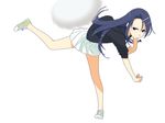  baseball blue_hair hair_ornament hairclip highres hood hooded_jacket ino jacket legs long_hair mochizuki_nonoka motion_blur otome_function serious shoes simple_background skirt sneakers solo standing standing_on_one_leg throwing white_skirt 