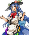  :d blue_hair blush bow dress food frills fruit hat hinanawi_tenshi leaf long_hair open_mouth peach puffy_short_sleeves puffy_sleeves red_bow red_eyes sachito short_sleeves simple_background smile solo touhou white_background 