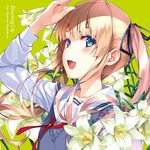  :d arm_up blonde_hair blue_eyes blush character_name collarbone fang flower green hair_ribbon hand_on_forehead lily_(flower) long_hair misaki_kurehito official_art open_mouth ribbon saenai_heroine_no_sodatekata sawamura_spencer_eriri school_uniform serafuku side_ponytail sidelocks smile solo sweater_vest tooth twintails 