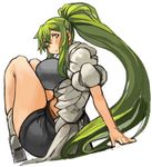  arm_support arms_behind_back bike_shorts breasts green_hair large_breasts long_hair original sachito sidelocks simple_background sitting solo sumi-chan_(sachito) very_long_hair white_background yellow_eyes 
