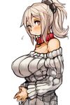  bare_shoulders belt blush breasts character_request choker collarbone copyright_request fingers_together huge_breasts long_sleeves multicolored multicolored_eyes off_shoulder orange_eyes perky_breasts ponytail purple_eyes ribbed_sweater sachito short_hair silver_hair solo sweater 