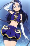  bare_shoulders bike_shorts blue_eyes blue_hair blue_skirt dokidoki!_precure elbow_gloves gloves hishikawa_rikka long_hair looking_at_viewer manji_(tenketsu) microphone midriff navel precure skirt smile solo white_background 