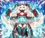  blue_eyes boots breasts cable cleavage electricity full_body gloves high_collar long_hair looking_at_viewer machinery medium_breasts official_art open_mouth outstretched_arms solo thigh_boots thighhighs tokiti very_long_hair white_hair wixoss 