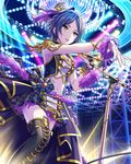  artist_request bangs black_hair epaulettes hat hayami_kanade idol idolmaster idolmaster_cinderella_girls microphone microphone_stand midriff mini_hat music official_art outstretched_arm outstretched_hand parted_bangs short_hair singing solo stage thighhighs yellow_eyes 