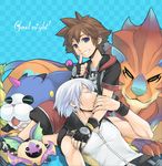  bad_id bad_pixiv_id blue_background blue_eyes brown_hair checkered checkered_background closed_eyes commentary_request dream_eater english eyelashes fangs finger_to_mouth fingerless_gloves gloves jewelry kingdom_hearts kingdom_hearts_3d_dream_drop_distance lap_pillow looking_at_viewer male_focus multiple_boys necklace ng_sam nose_bubble parted_lips popped_collar riku sitting sleeping smile sora_(kingdom_hearts) spiked_hair white_hair wristband yaoi 