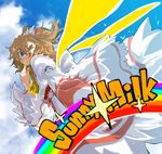  blonde_hair blue_eyes bow character_name dress hair_bow hokuto_(scichil) one_eye_closed rainbow ribbon short_hair smile solo sparkle sunny_milk tongue tongue_out touhou twintails wings 