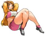  arms_behind_head bike_shorts breasts groin gundam gundam_build_fighters gundam_build_fighters_try hoshino_fumina large_breasts light_brown_hair long_hair midriff parted_lips ponytail sachito simple_background solo sports_bra thick_thighs thighs white_background 