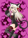  ;d animal_ears ass bell blonde_hair blush boots cat_ears cat_tail catsuit elbow_gloves eyelashes fake_animal_ears fate/kaleid_liner_prisma_illya fate_(series) flat_ass gloves hair_bell hair_ornament hair_ribbon heart highres illyasviel_von_einzbern jingle_bell leotard long_hair looking_at_viewer one_eye_closed open_mouth petite platinum_blonde_hair red_eyes ribbon smile solo tail thigh_boots thighhighs tokkyun 
