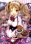  ;d absurdres breasts brown_eyes brown_hair checkered checkered_floor cream cup cutlery drinking_glass drinking_straw food fork glass glint hamburger heart highres indoors knife looking_at_viewer maid maid_headdress medium_breasts one_eye_closed open_mouth osa_(osaosa) plate smile solo sparkle table tray twintails waitress 