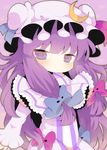  bad_id bad_tumblr_id blue_bow blue_ribbon blush bow capelet chibi crescent crescent_hair_ornament hair_ornament hair_ribbon hat hat_ribbon kyou_(nekoneko) long_hair looking_at_viewer mob_cap patchouli_knowledge pink_bow pink_ribbon purple_eyes purple_hair ribbon simple_background solo striped touhou very_long_hair 