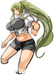  bike_shorts breasts cropped_legs green_hair groin high_ponytail highres large_breasts long_hair navel original parted_lips ponytail sachito sidelocks simple_background solo sumi-chan_(sachito) very_long_hair white_background yellow_eyes 