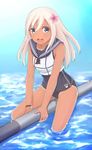  blue_eyes crop_top flower hair_flower hair_ornament kantai_collection lifebuoy long_hair rasielcochma ro-500_(kantai_collection) sailor_collar school_swimsuit sitting soaking_feet swimsuit swimsuit_under_clothes tan tanline water 
