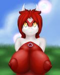  anthro areola big_breasts breasts cloud dragon female grass hair latias legendary_pok&eacute;mon lewdtias looking_at_viewer nintendo nipples outside pok&eacute;mon quin-nsfw red_hair sky smile solo video_games yellow_eyes 