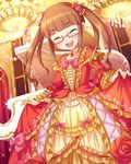  ^_^ artist_request bangs blunt_bangs blush bow brown_hair closed_eyes curtsey dress frilled_dress frills glasses hair_bow idolmaster idolmaster_cinderella_girls ikebukuro_akiha instrument long_hair official_art piano pink-framed_eyewear smile solo sparkle twintails 