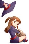 boots brown_eyes brown_hair dated full_body hat hat_removed headwear_removed kagari_atsuko little_witch_academia long_hair looking_at_viewer looking_back nagian open_mouth pot sitting solo_focus witch witch_hat 