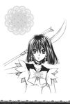  2014 absurdres bishoujo_senshi_sailor_moon bob_cut character_name choker doily earrings graphite_(medium) greyscale hair_between_eyes highres jewelry looking_at_viewer monochrome parted_lips polearm sailor_saturn sailor_senshi_uniform scan short_hair silence_glaive solo star star_choker tanemura_arina tomoe_hotaru traditional_media weapon 