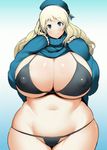  1girl animated animated_gif atago_(kantai_collection) bikini blonde_hair blush breasts cleavage curvy erect_nipples gigantic_breasts green_eyes kantai_collection long_hair looking_at_viewer mound_of_venus navel plump sasaki_tatsuya shirt shirt_lift smile solo standing sweater swimsuit thick_thighs wide_hips 