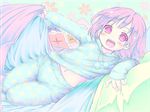  bed bed_sheet blush child lying navel open_mouth original pajamas panties panty_peek patterned pillow pink_eyes pink_hair pom_pom_(clothes) sheet_grab short_hair solo stuffed_animal stuffed_toy underwear utakama 