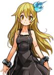  bare_shoulders black_dress blonde_hair blush character_request collarbone copyright_request dress hair_ornament long_hair looking_at_viewer sachito simple_background smile solo white_background yellow_eyes 