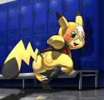  2018 big_butt black_nose butt cleft_tail clothed clothing cosplay_pikachu female feral footwear lkiws locker_room looking_back mammal mask motion_lines nintendo open_mouth pikachu pikachu_libre pok&eacute;mon pok&eacute;mon_(species) reflection smile solo spanking video_games 