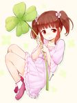  blush brown_eyes brown_hair clover dated dress four-leaf_clover full_body hair_ornament idolmaster idolmaster_cinderella_girls looking_at_viewer mary_janes nagian ogata_chieri shoes short_hair smile socks solo twintails white_legwear 