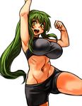  :d bike_shorts breasts green_hair groin high_ponytail large_breasts long_hair midriff navel open_mouth original ponytail ribs sachito sidelocks simple_background smile solo sumi-chan_(sachito) thick_thighs thighs white_background yellow_eyes 