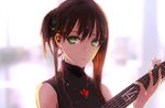  brown_hair earbuds earphones earrings green_eyes guitar idolmaster idolmaster_cinderella_girls instrument jewelry long_hair lowlight_kirilenko necklace shibuya_rin shirt sleeveless sleeveless_shirt sleeveless_turtleneck solo turtleneck upper_body 