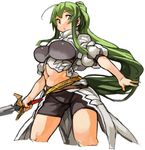  ahoge bike_shorts breasts cropped_legs green_hair holding large_breasts long_hair navel original sachito sidelocks simple_background solo sumi-chan_(sachito) sword very_long_hair weapon white_background yellow_eyes 