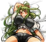  bike_shorts breasts green_hair large_breasts long_hair lying navel on_back original sachito simple_background solo sumi-chan_(sachito) white_background yellow_eyes 