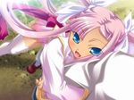  arm_grab blue_eyes cropped_jacket from_above game_cg hikage_eiji hug koihime_musou long_hair looking_up midriff pink_hair pov ribbon skirt solo sonshoukou thighhighs twintails 