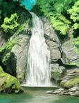  bad_pixiv_id blue_sky moss no_humans original scenery shiratama_(hockey) sky stream tree water waterfall 