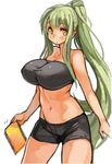  bandeau blush green_hair groin holding long_hair looking_at_viewer midriff navel notebook original ponytail sachito short_shorts shorts sidelocks simple_background solo strapless sumi-chan_(sachito) very_long_hair white_background yellow_eyes 