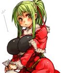  :&lt; blush breasts christmas fur_trim green_hair hat high_ponytail large_breasts long_hair original ponytail sachito sack santa_costume santa_hat sidelocks simple_background solo sumi-chan_(sachito) white_background yellow_eyes 