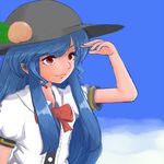  above_clouds blue_hair blue_sky bow eyelashes faux_traditional_media food fruit hat hinanawi_tenshi leaf light_smile long_hair looking_at_hand peach red_eyes short_sleeves sidelocks sky solo touhou uisu_(noguchipint) upper_body 