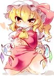  ascot blonde_hair blush flandre_scarlet hat heart highres kneeling looking_at_viewer matatabi_(nigatsu) navel red_eyes short_hair side_ponytail sketch solo touhou wings 