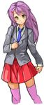  :o character_request copyright_request cropped_legs long_hair long_sleeves mole mole_under_eye necktie open_mouth pleated_skirt purple_hair purple_legwear red_skirt sachito simple_background skirt solo thighhighs white_background yellow_eyes zettai_ryouiki 