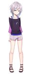  anastasia_(idolmaster) blue_eyes earrings idolmaster idolmaster_cinderella_girls jewelry looking_at_viewer necklace purea sandals short_hair shorts silver_hair solo 