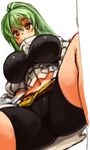  bike_shorts blush breasts crotch green_hair high_ponytail large_breasts long_hair lying navel on_back original ponytail sachito sidelocks solo sumi-chan_(sachito) thick_thighs thighs yellow_eyes 