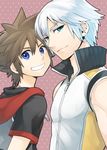  bad_id bad_pixiv_id blue_eyes brown_hair green_eyes jewelry kingdom_hearts kingdom_hearts_3d_dream_drop_distance looking_at_viewer male_focus multiple_boys necklace ng_sam parted_lips popped_collar riku sora_(kingdom_hearts) white_hair 