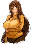 blush breasts brown_hair character_request copyright_request eyebrows green_eyes large_breasts long_hair long_sleeves sachito simple_background solo sweater thick_eyebrows turtleneck very_long_hair white_background 