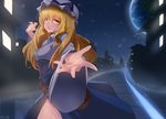  artist_name bad_id bad_pixiv_id bangs beckoning belt blonde_hair blue_dress bow breasts city city_lights collared_shirt dress earth foreshortening hand_up hat hat_bow highres light long_hair long_sleeves looking_at_viewer looking_back medium_breasts mob_cap night open_mouth outstretched_arm outstretched_hand pavement road septet_(zrca_janne) shirt side_slit solo space star_(sky) street thighs tongue touhou vanishing_point watatsuki_no_toyohime wide_sleeves yellow_eyes 