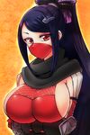  breast_hold breasts elbow_pads face_mask hair_ornament hairclip highres large_breasts looking_at_viewer mask nikki_yakata_(oshiro_project) ninja oshiro_project ponytail purple_hair red_eyes scarf sideboob solo tanpopo_hayabusa-maru 