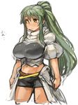  bike_shorts breasts cropped_legs green_hair high_ponytail large_breasts long_hair navel original ponytail sachito sidelocks simple_background solo sumi-chan_(sachito) very_long_hair white_background yellow_eyes 