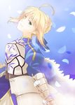  ahoge armor armored_dress artoria_pendragon_(all) blonde_hair blue_background fate/stay_night fate_(series) faulds gauntlets green_eyes hair_ribbon juliet_sleeves kouyou_akiko long_sleeves looking_at_viewer petals puffy_sleeves ribbon saber smile solo 